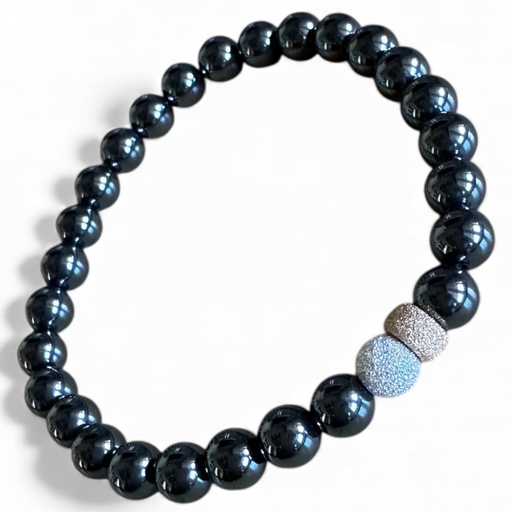 Dark Gray Hematite Stretch Bracelet w/ 14K Gold Filled & Sterling Silver Accents